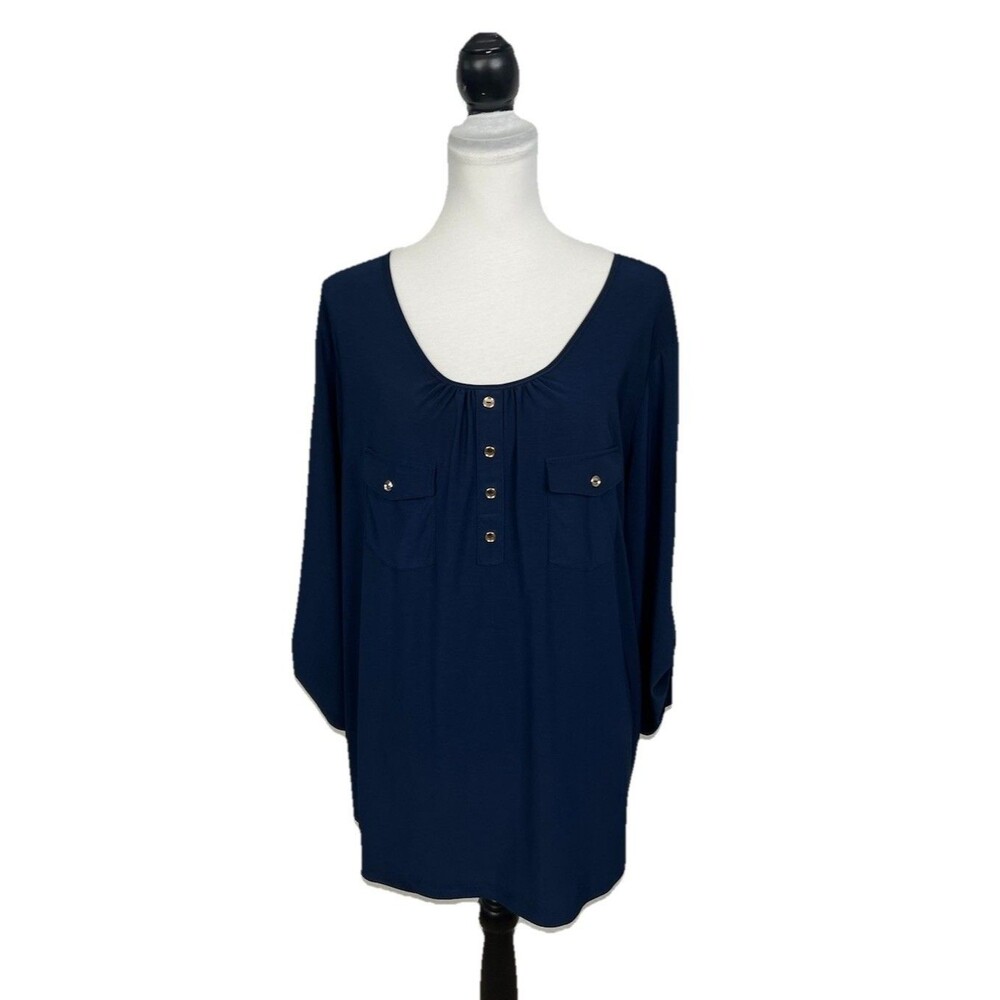 PerSeption Women Blouse Plus 3X Blue Roll Tab Sleeve Tunic Top Goldtone Buttons